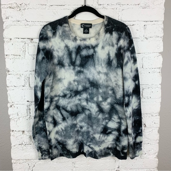Bloomingdale’s Cashmere Tie Dye Navy Cream Crew Sweater Medium - Picture 1 of 6
